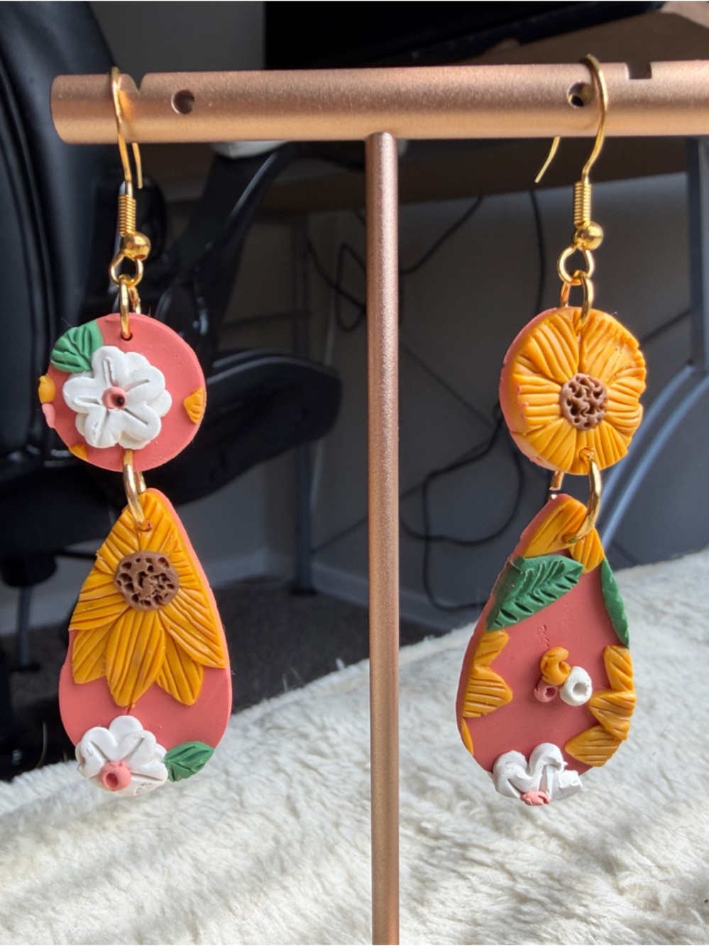Handmade Coral and Yellow Floral Drop Earrings